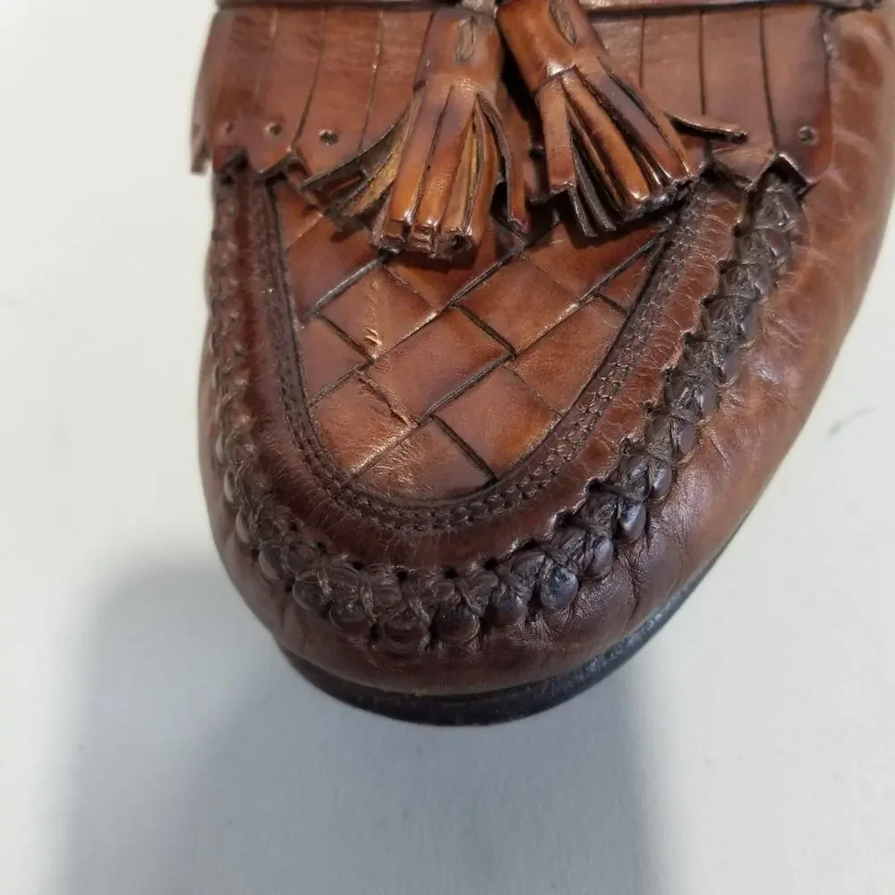 Johnston & Murphy Shoes 9.5 Loafer Double Woven Tassel Dress Mahogany Fringe